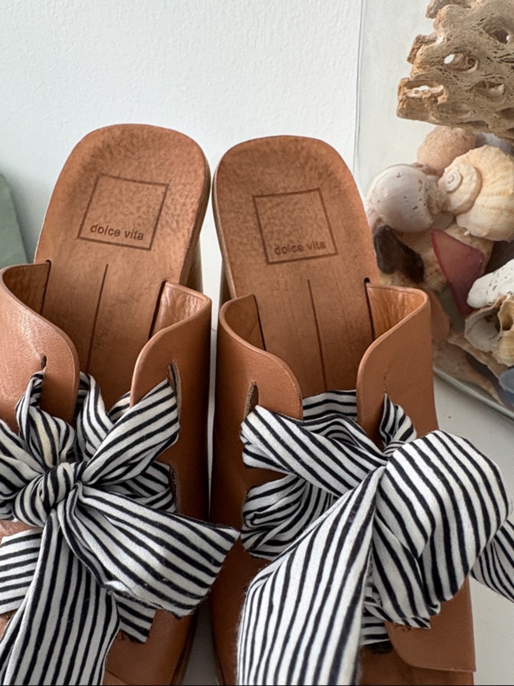 Dolce Vita Brown Leather Block Heel Mules with Black-and-White Striped Bow - Picture 4 of 4